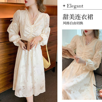 长袖连衣裙女A字裙高腰荷叶边v领蝴蝶结法式松紧腰裙子PW