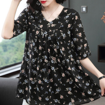 女士雪纺碎花上衣2021年新款中长款大妈中年中年短袖夏装