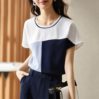 小众设计感拼色雪纺衫女夏季短袖显瘦遮肚子上衣白色配蓝