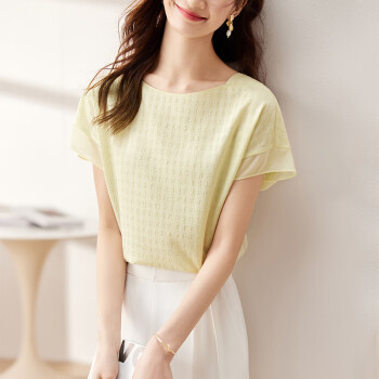 文艺复古设计感洋气系圆领时尚拼接短袖雪纺衫黄色L 文艺复古设计感洋气系圆领时尚拼接短袖雪纺衫黄色L