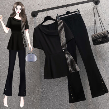 大码女装遮肚子套装胖妹妹夏装显瘦短袖衬衣胖人宽松喇叭裤 大码女装遮肚子套装胖妹妹夏装显瘦短袖衬衣胖人宽松喇叭裤