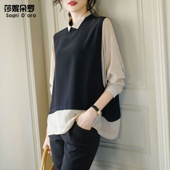 大码女装T恤女春秋新品胖人显瘦款遮肚子宽松假两件雪纺 大码女装T恤女春秋新品胖人显瘦款遮肚子宽松假两件雪纺