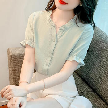 V领短袖雪纺衬衫女夏2023年新款时尚百搭小衫女士上衣设 V领短袖雪纺衬衫女夏2023年新款时尚百搭小衫女士上衣设