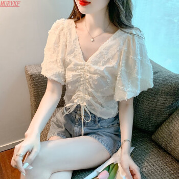 轻奢高端2023夏季新款V领雪纺衫女气质短袖上衣 轻奢高端2023夏季新款V领雪纺衫女气质短袖上衣